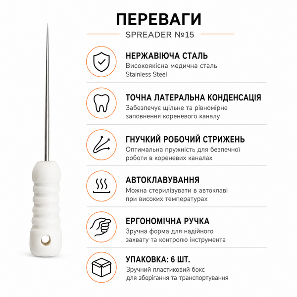 Спредер ендодонтичний №15, 25 мм, для латеральної конденсації гутаперчі, 6 шт/уп