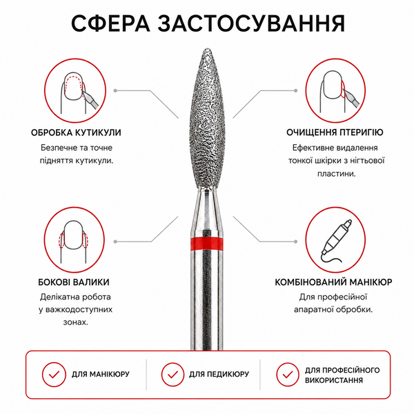 Алмазна фреза Полум'я безпечне 2.1 мм &times; 10 мм, червона насічка для манікюру та педикюру