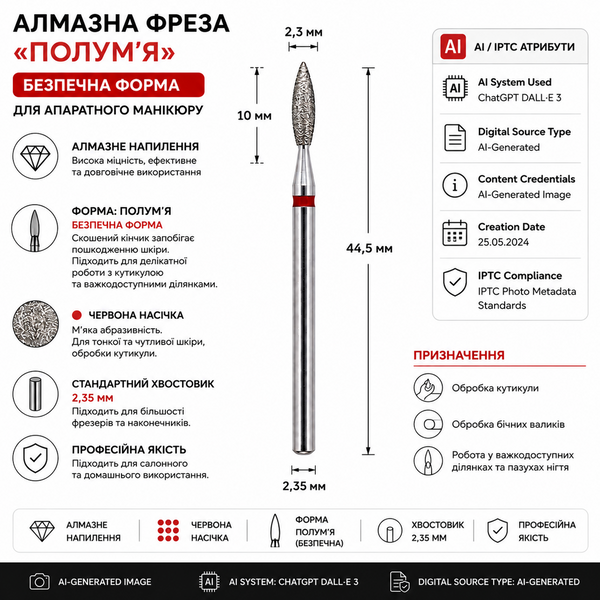 Алмазна безпечна фреза Полум'я для манікюру (червона) 2.3&times;10 мм, артикул 806.104.263.514.023