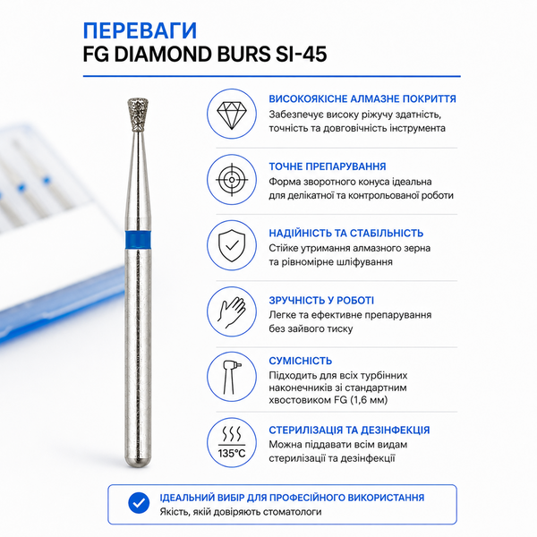 Алмазний бор FG SI-45 Зворотний конус 1,0 мм &times; 1,0 мм синій UMG (ISO 806.314.010.524.010), 10 шт